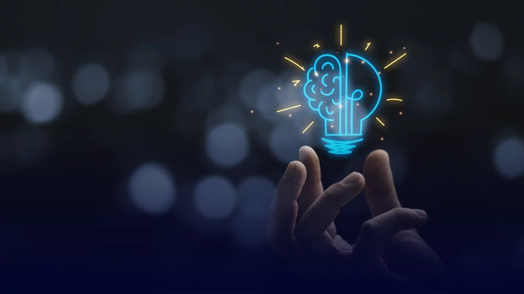 The drawing of a virtual bulb with a brain for a creative and intelligent idea.